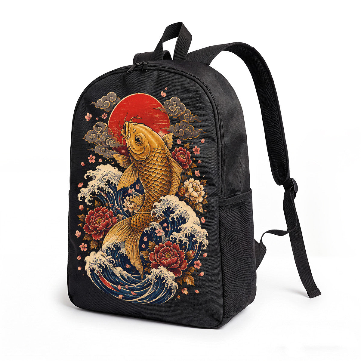 Japanese Koi Fish Backpack with Waves & Flowers Design, Durable High-Density Weave, Campus & Commute Ready