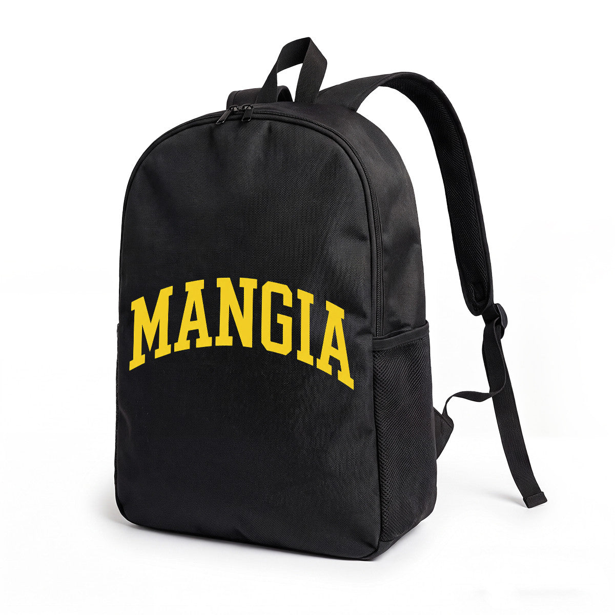 Mangia Black Backpack with Yellow Arch Logo - Durable High-Density Weave for Campus & Commute