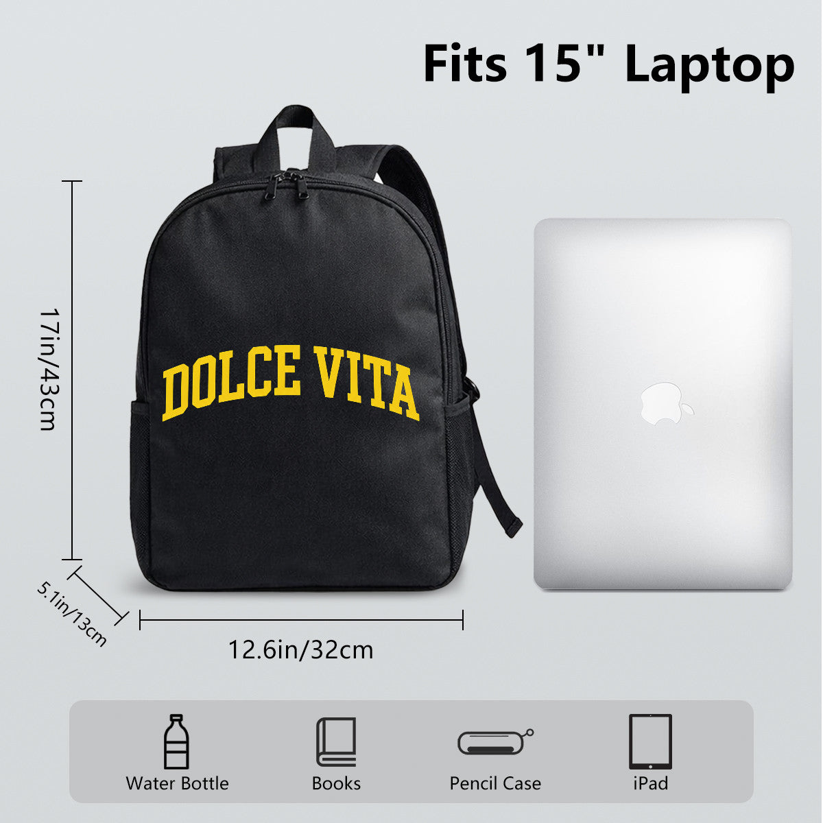Dolce Vita Black Backpack with Yellow Arch Text, Durable High-Density Weave for Campus & Commute