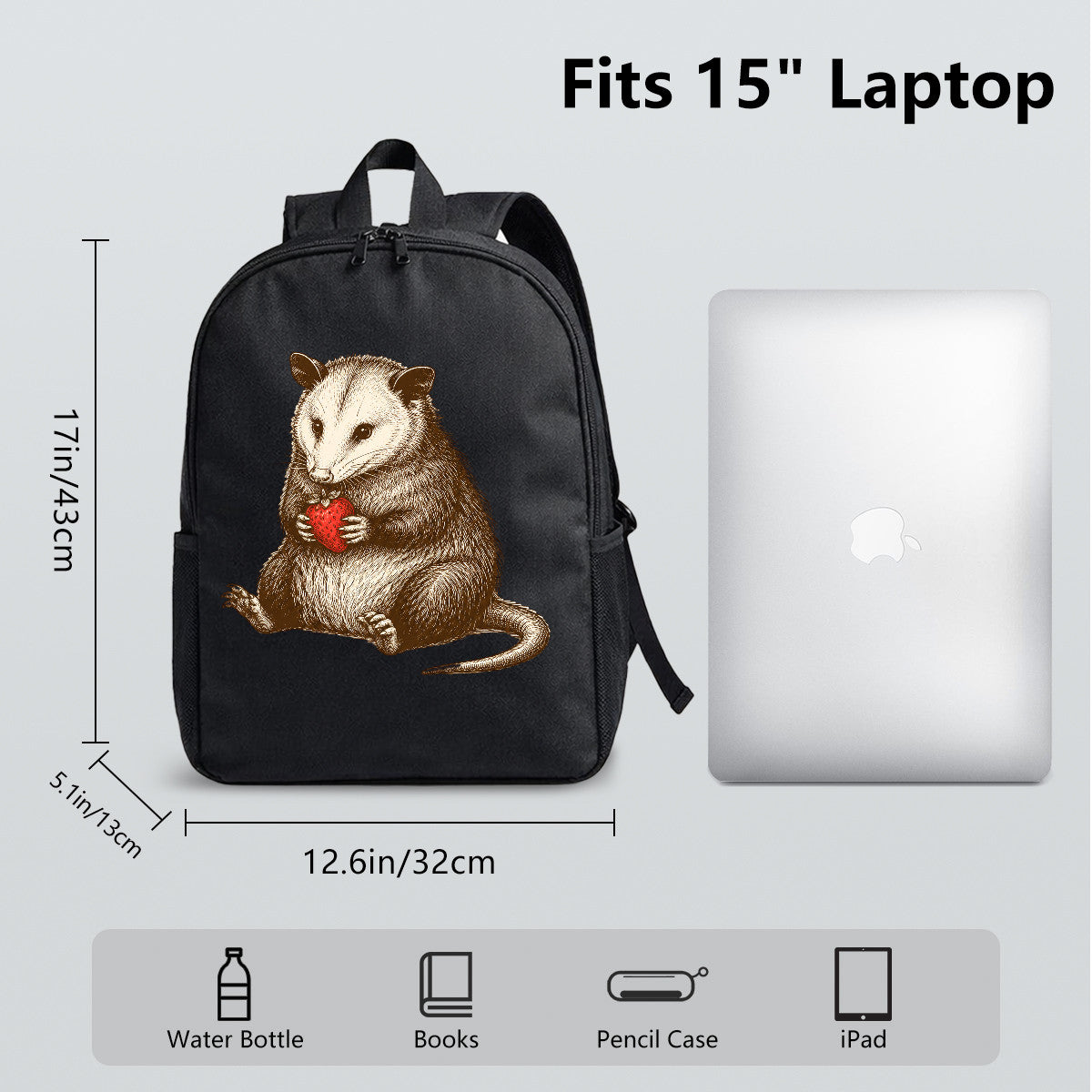 Black Backpack with Opossum & Strawberry Design, Durable High-Density Weave, Perfect for Campus & Commute in California