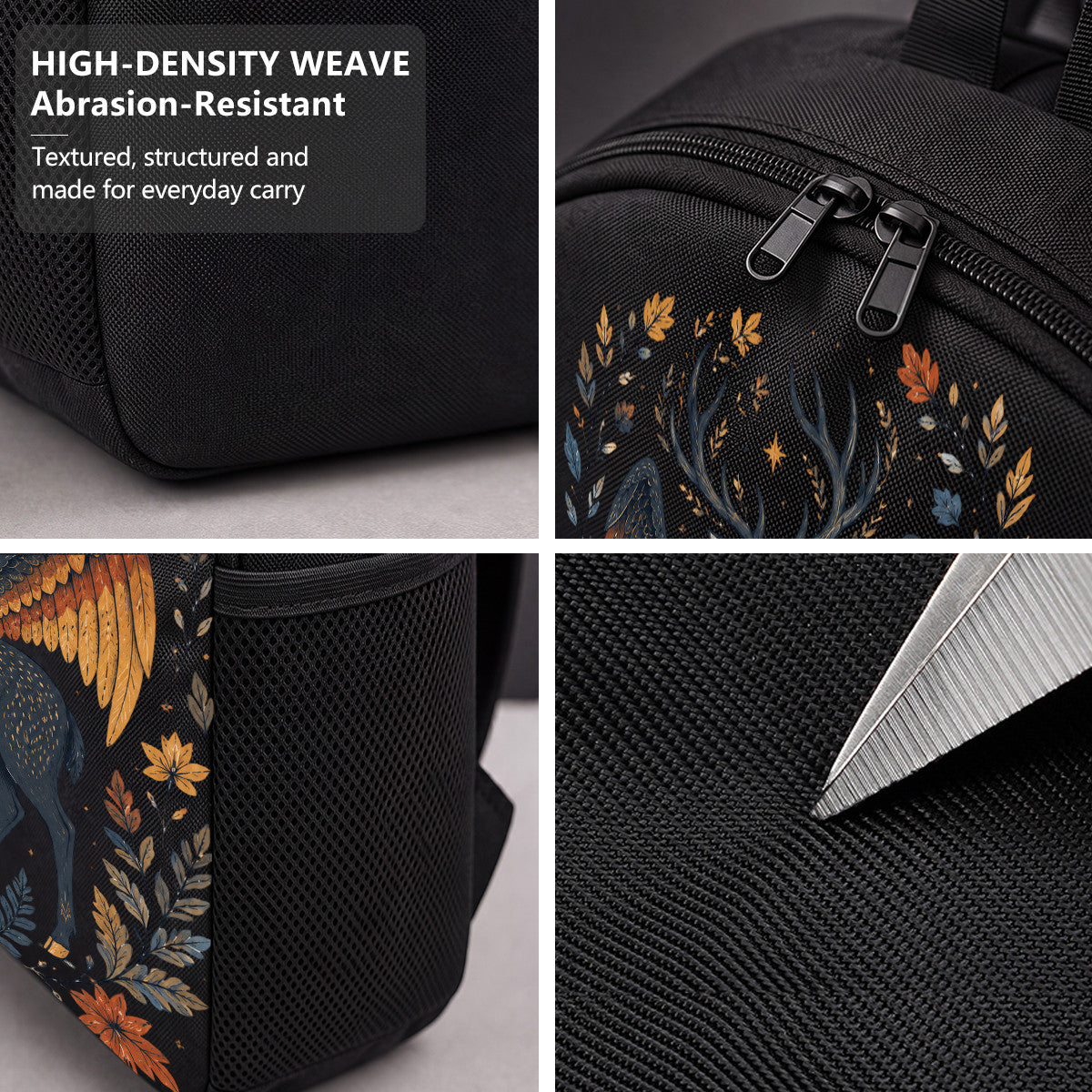 Black Backpack with Majestic Winged Deer Design, High-Density Weave Material, Perfect for Campus & Commute