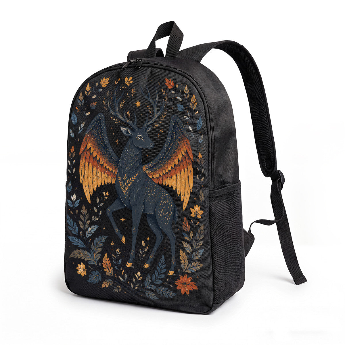 Black Backpack with Majestic Winged Deer Design, High-Density Weave Material, Perfect for Campus & Commute