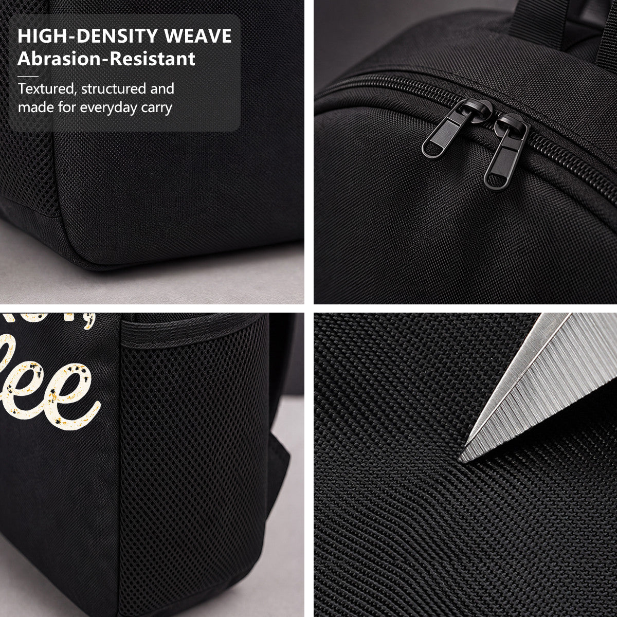 Black Backpack with But First Coffee Design, Durable High-Density Weave for Campus & Commute