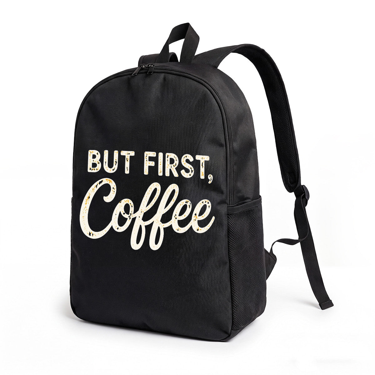 Black Backpack with But First Coffee Design, Durable High-Density Weave for Campus & Commute