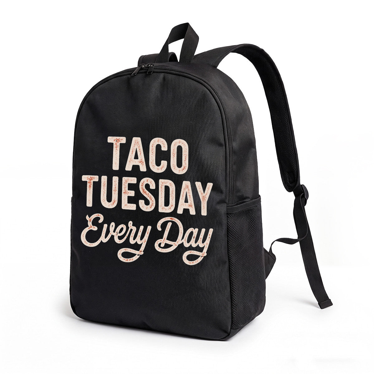 Black Backpack with Taco Tuesday Every Day Print, Durable High-Density Weave for Campus & Commute