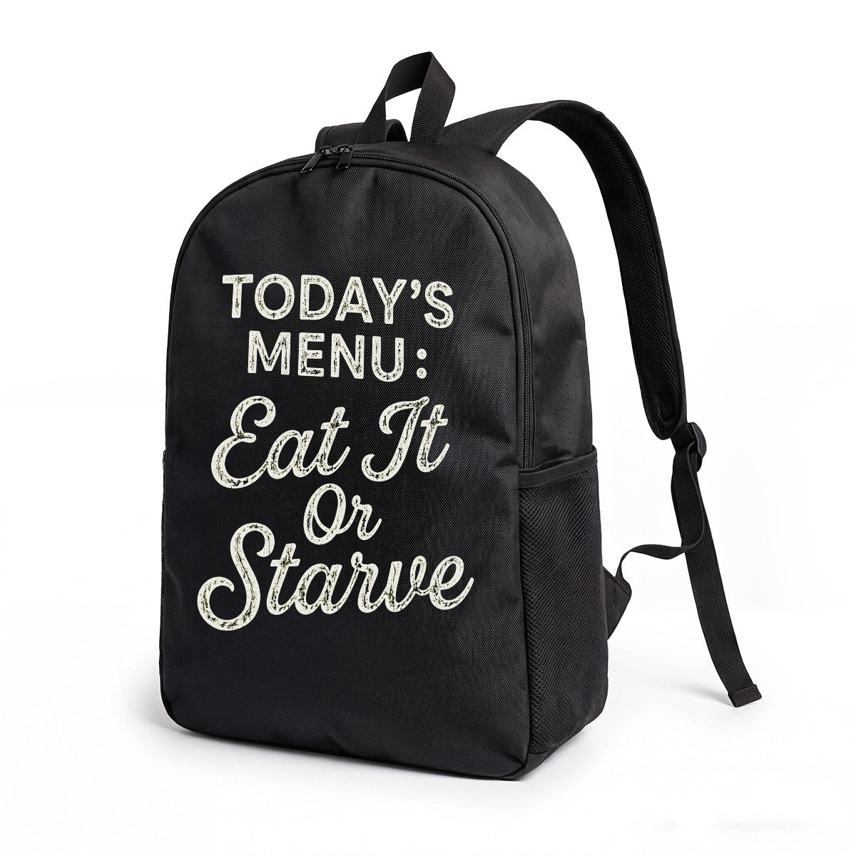 Black Backpack with Eat It Or Starve Text, Durable High-Density Weave, Campus & Commute Ready