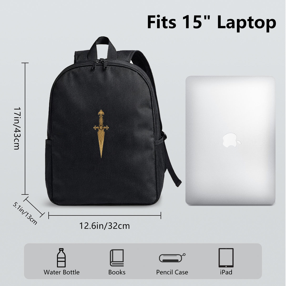 Black Dagger Embroidery Backpack, Durable High-Density Weave, Campus & Commute Ready