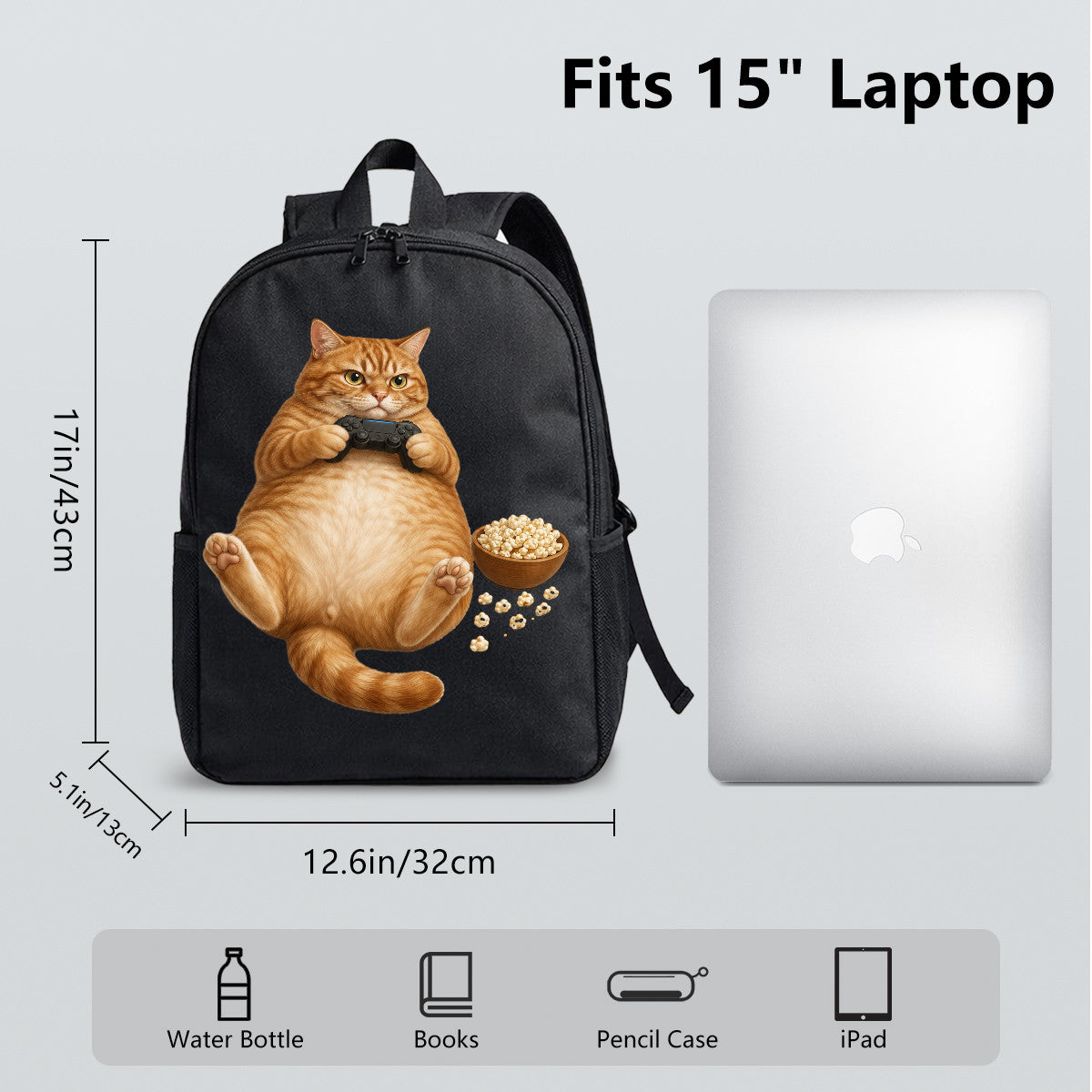 Black Backpack with Adorable Cat Gaming Design, Durable High-Density Weave, Perfect for Campus & Commute