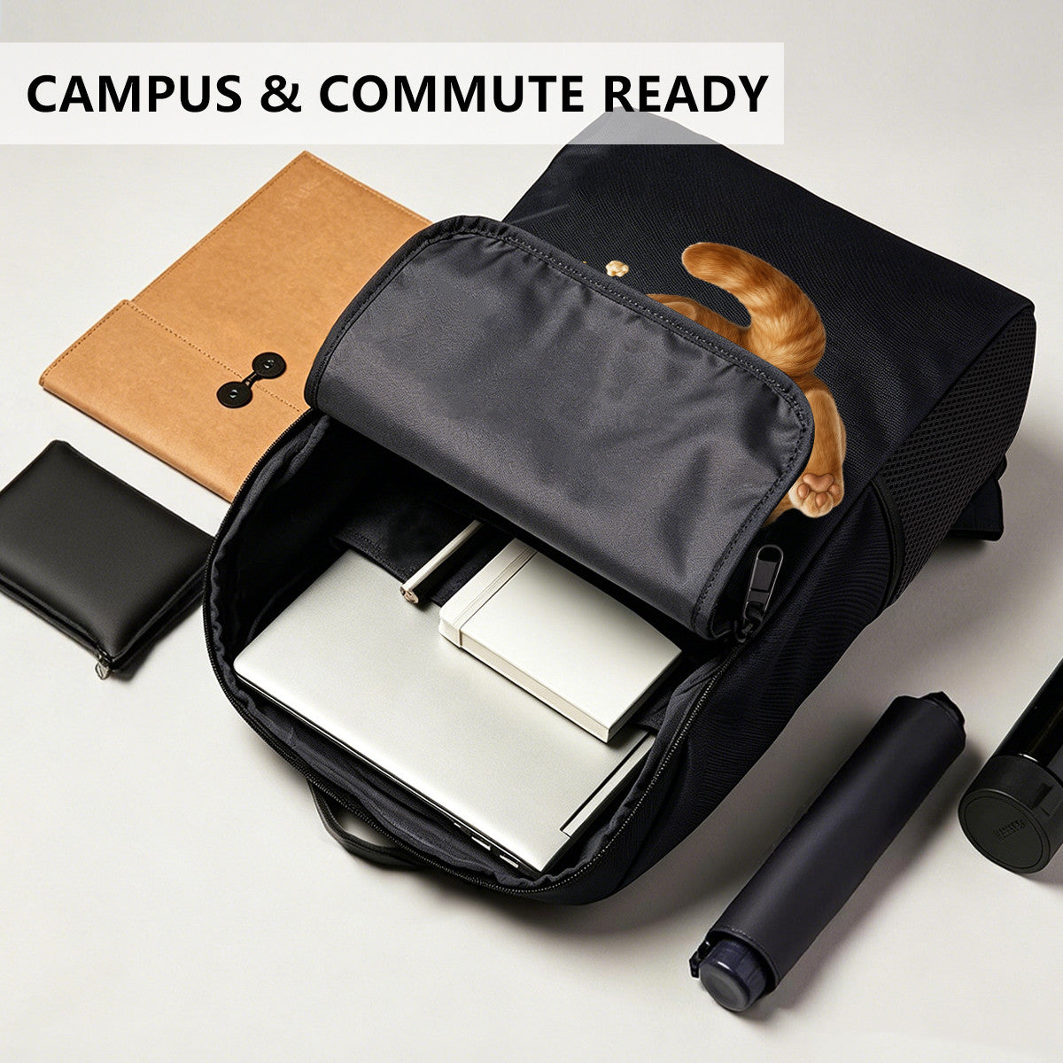 Black Backpack with Adorable Cat Gaming Design, Durable High-Density Weave, Perfect for Campus & Commute