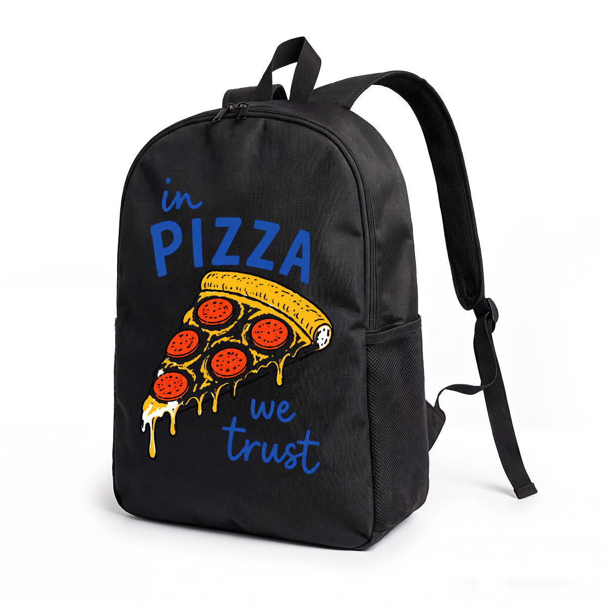 Black Pizza Slice Backpack in Trust Design, Durable High-Density Weave, Campus & Commute Ready
