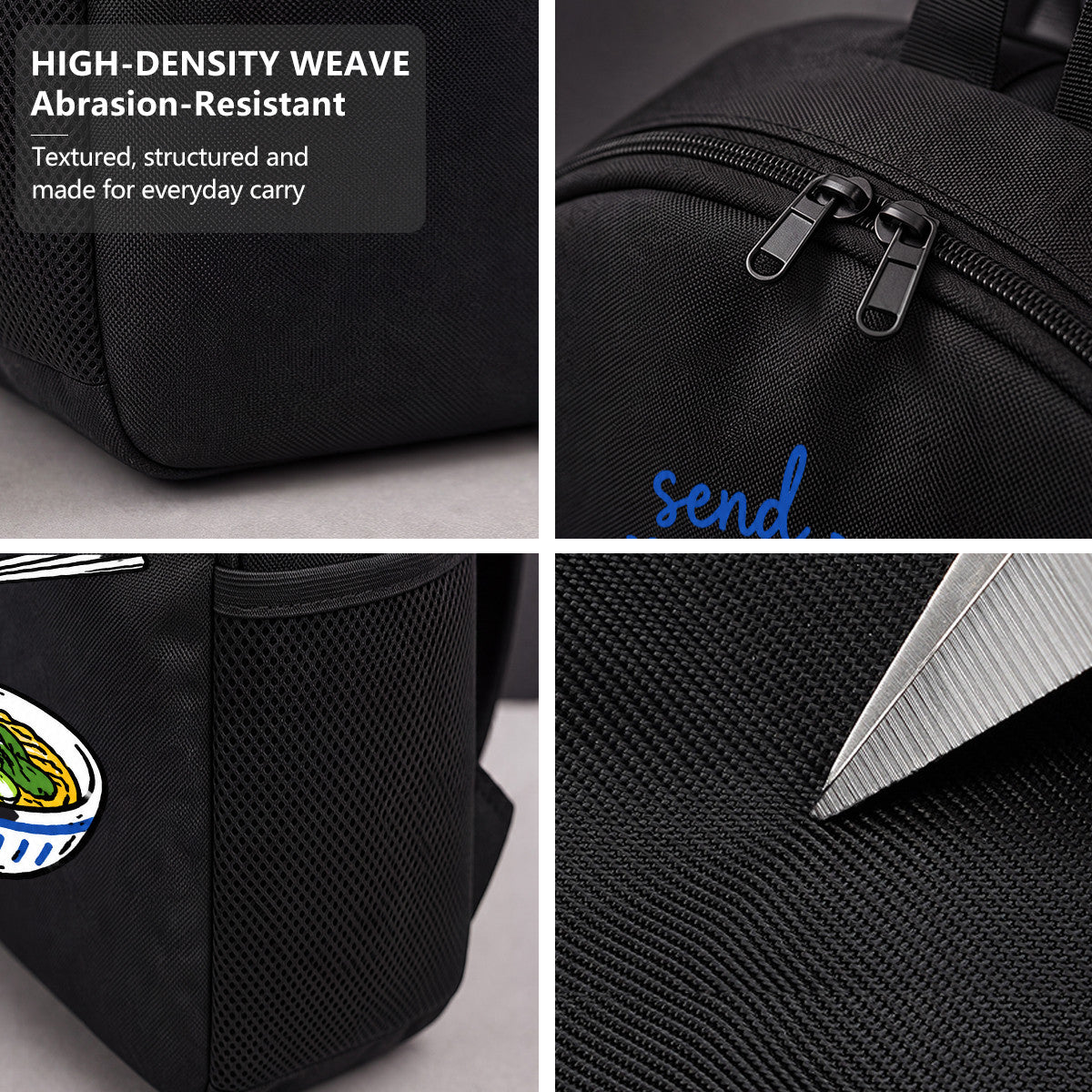 Black Backpack with Noodles Design, Durable High-Density Weave, Campus & Commute Ready