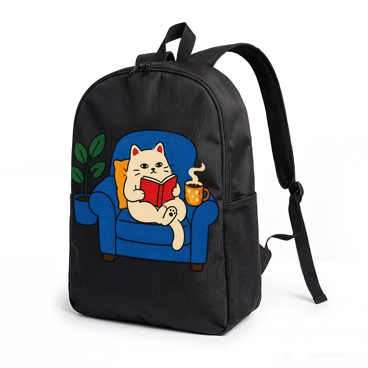 Cute Cat Reading Book Backpack, Durable High-Density Weave, Campus & Commute Essential for Students