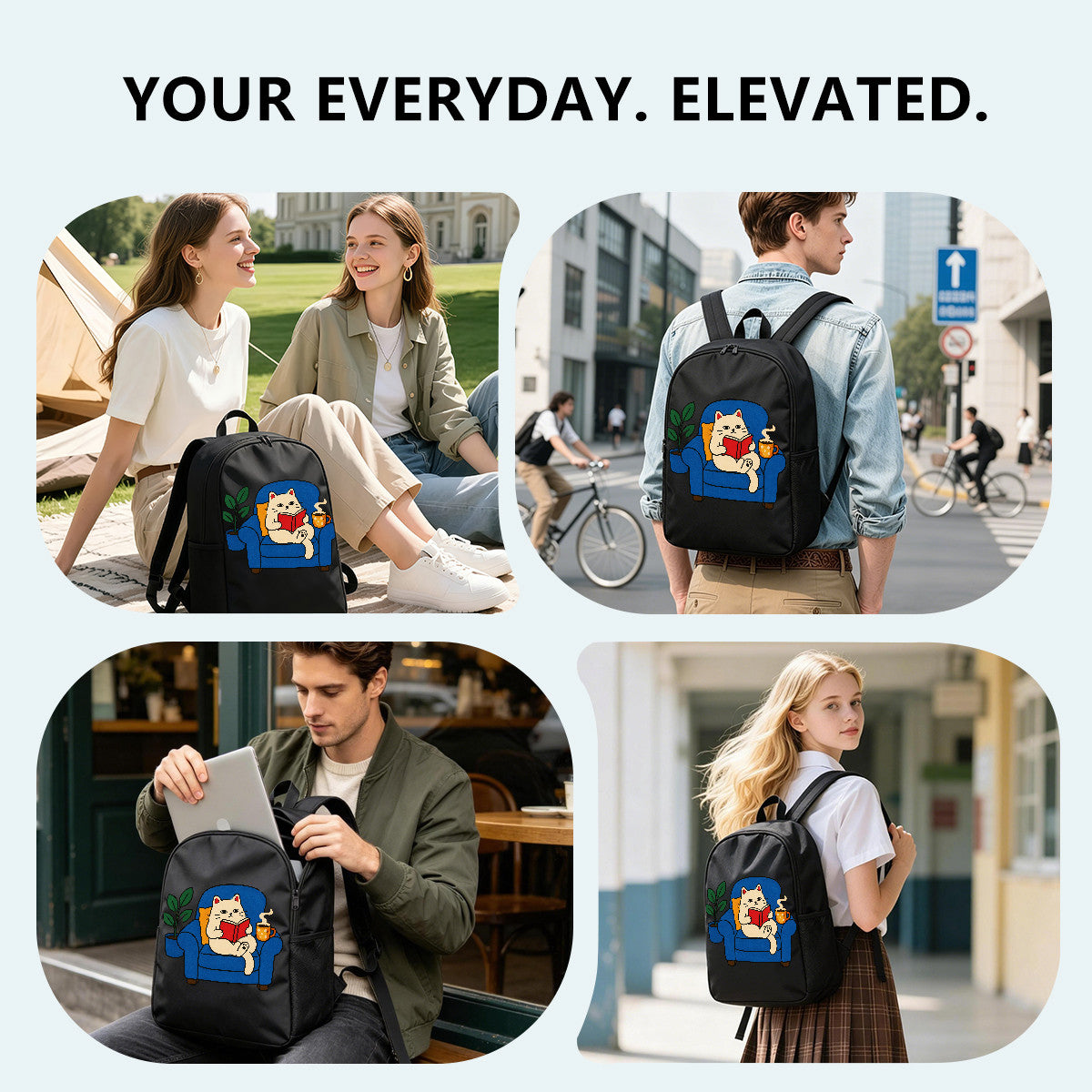 Cute Cat Reading Book Backpack, Durable High-Density Weave, Campus & Commute Essential for Students