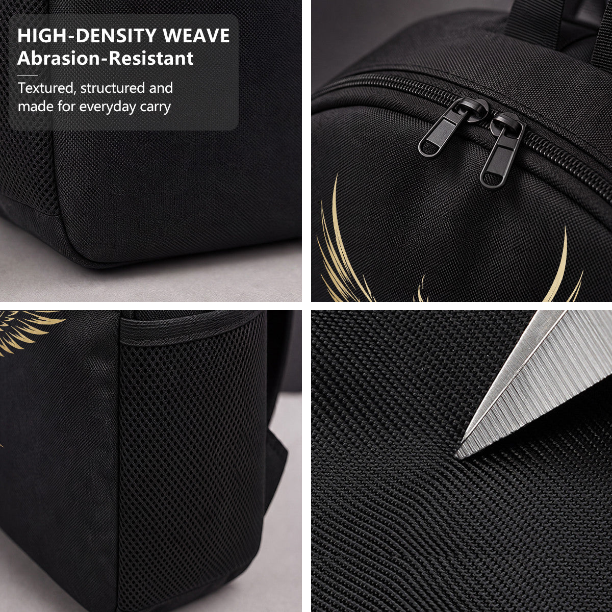 Phoenix Bird Backpack for Campus & Commute - Durable High-Density Weave, Black with Gold Design
