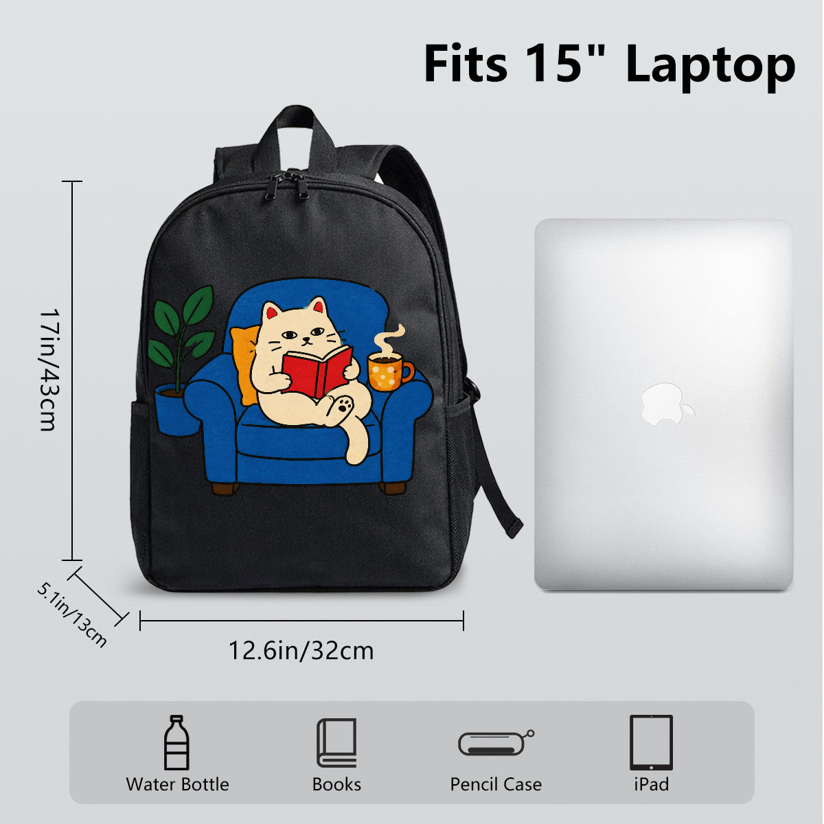 Cute Cat Reading Book Backpack, Durable High-Density Weave, Campus & Commute Essential for Students