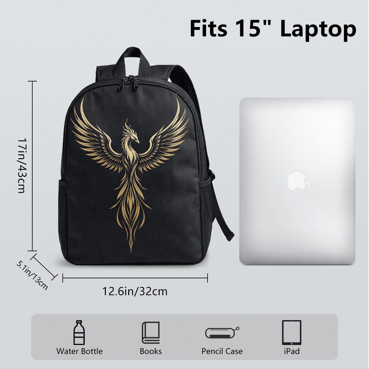 Phoenix Bird Backpack for Campus & Commute - Durable High-Density Weave, Black with Gold Design