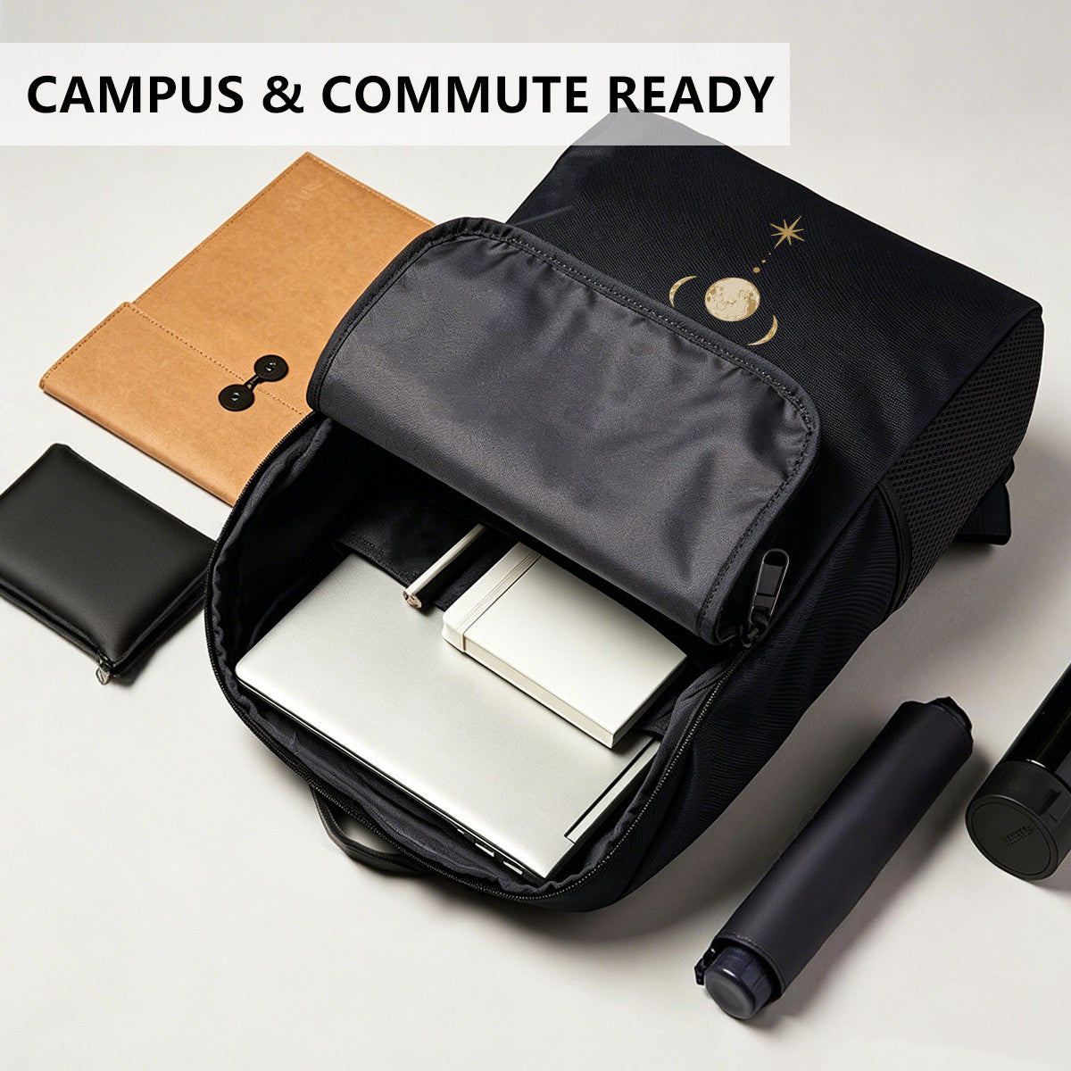 Black Backpack with Golden Sword & Moon Phases Design, Durable High-Density Weave, Campus & Commute Ready