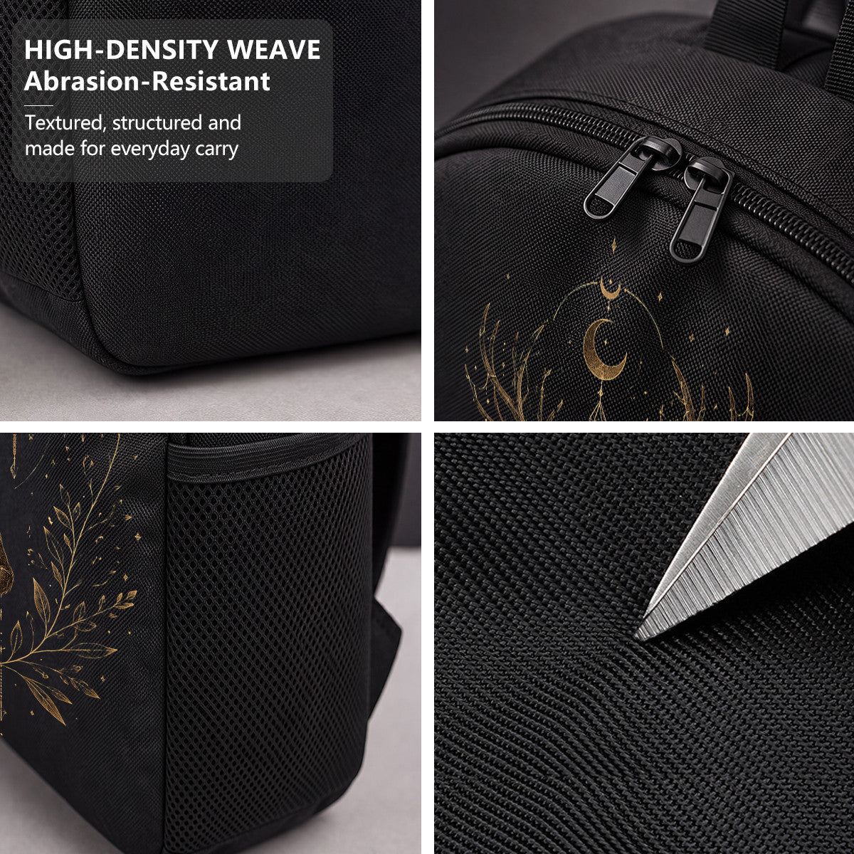 Black Backpack with Golden Deer Moon Design, High-Density Weave Material, Campus & Commute Ready