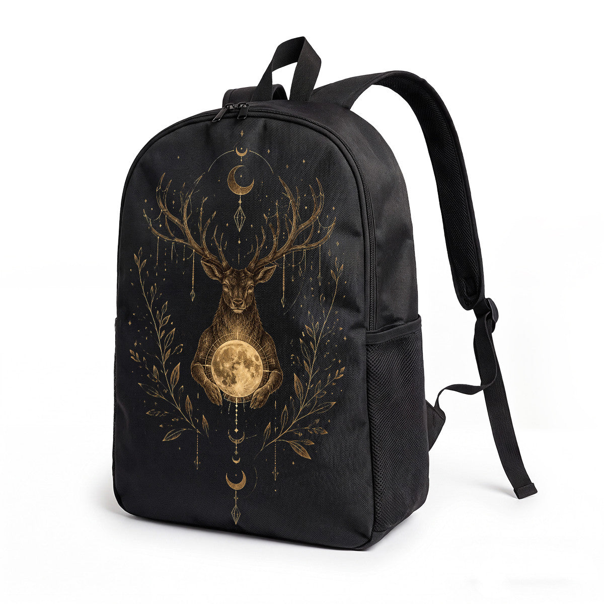 Black Backpack with Golden Deer Moon Design, High-Density Weave Material, Campus & Commute Ready