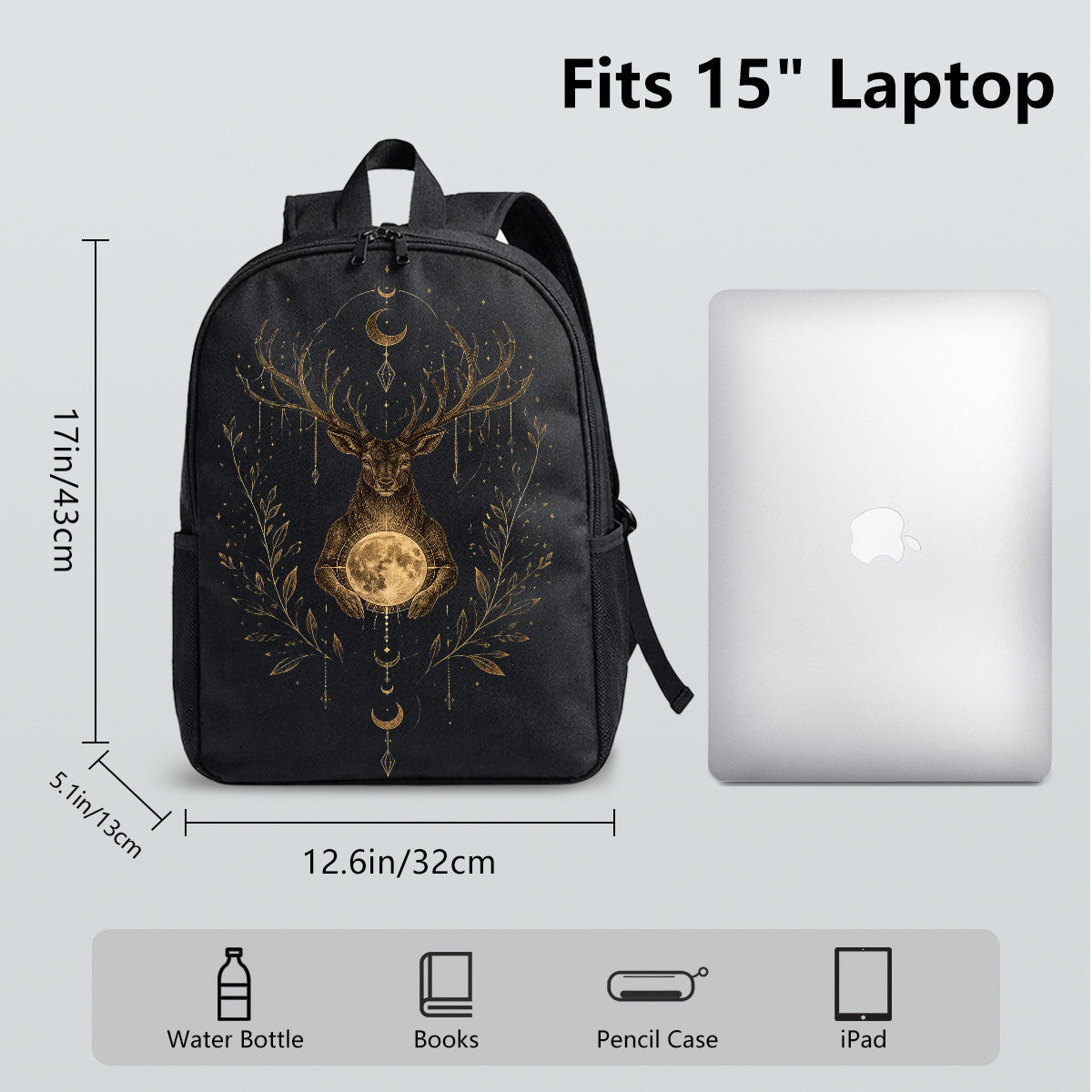 Black Backpack with Golden Deer Moon Design, High-Density Weave Material, Campus & Commute Ready