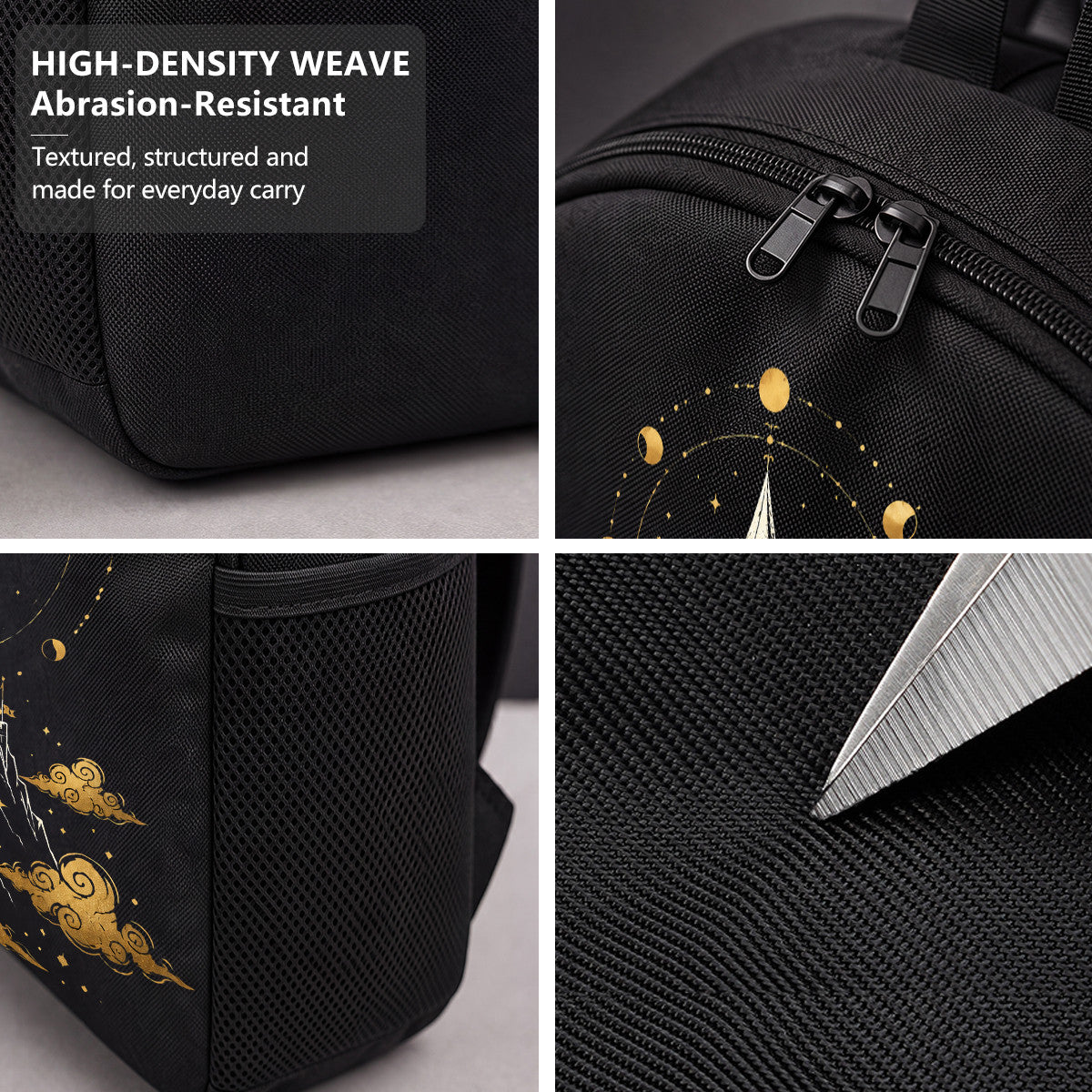 Black Backpack with Golden Castle & Moon Phases Design, Durable High-Density Weave for Campus & Commute