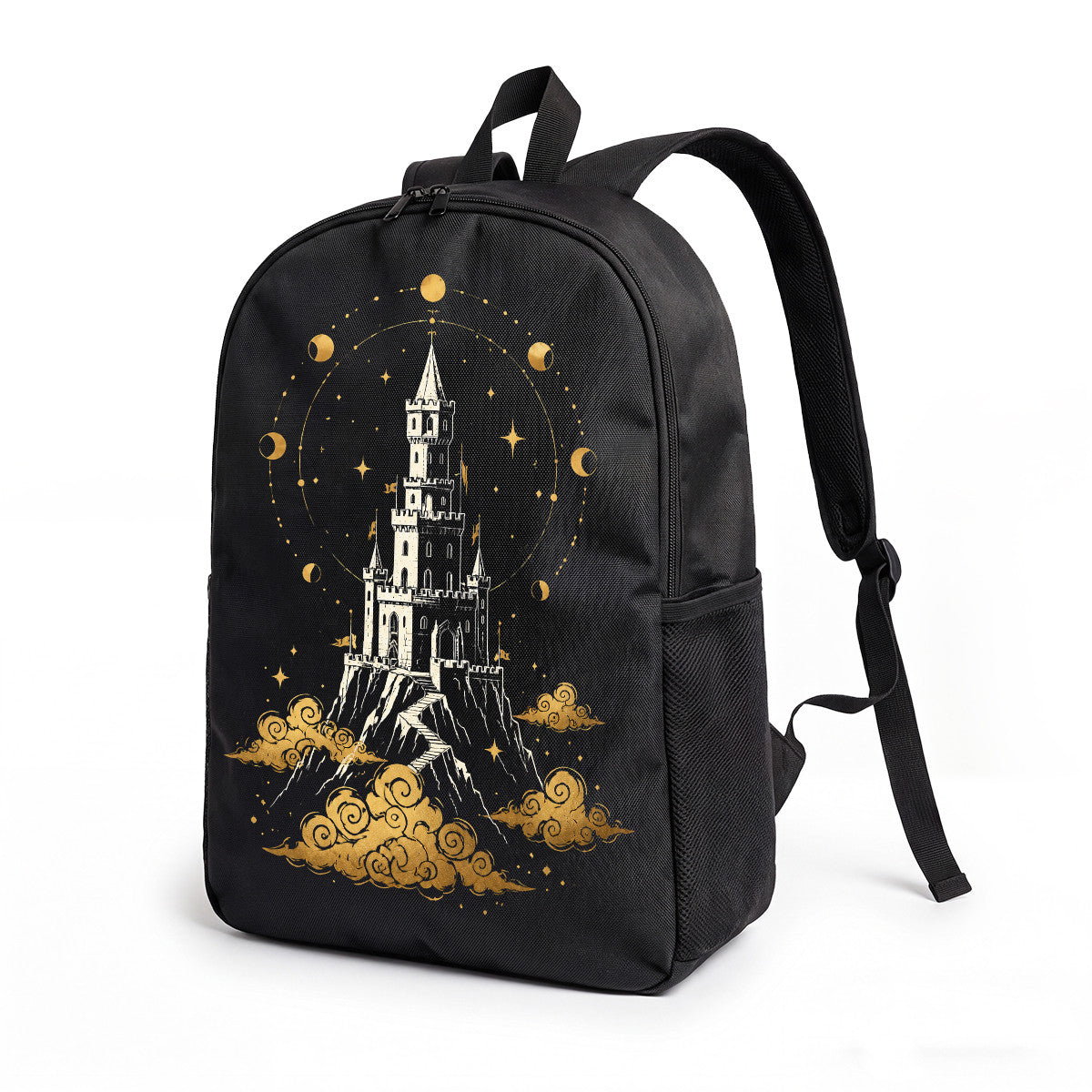 Black Backpack with Golden Castle & Moon Phases Design, Durable High-Density Weave for Campus & Commute