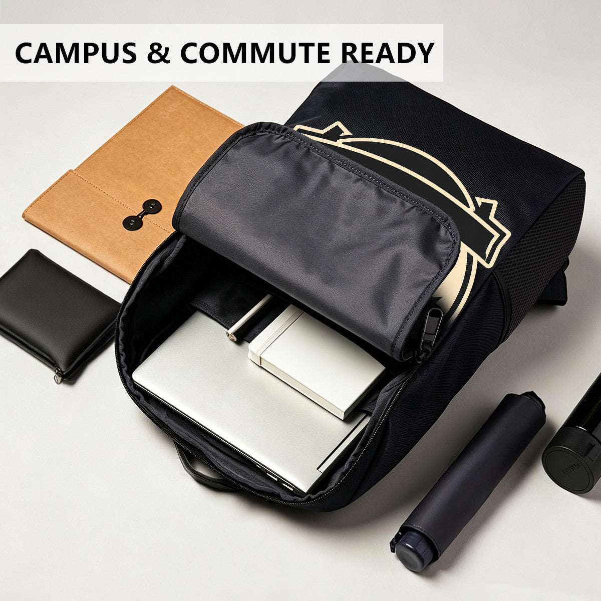 Black Backpack with Orange Melted Figure Design, Durable High-Density Weave for Campus & Commute