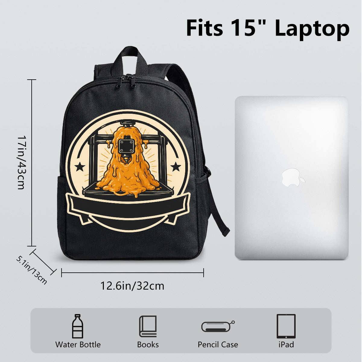 Black Backpack with Orange Melted Figure Design, Durable High-Density Weave for Campus & Commute