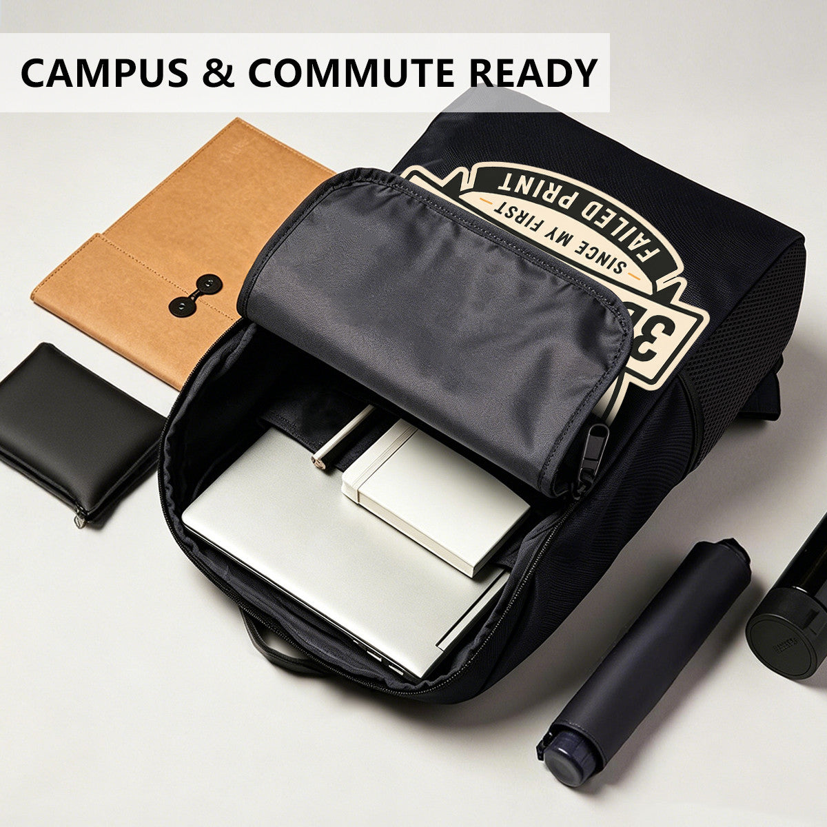 Black Backpack with Professional 3D Printing Design, Durable High-Density Weave for Campus & Commute