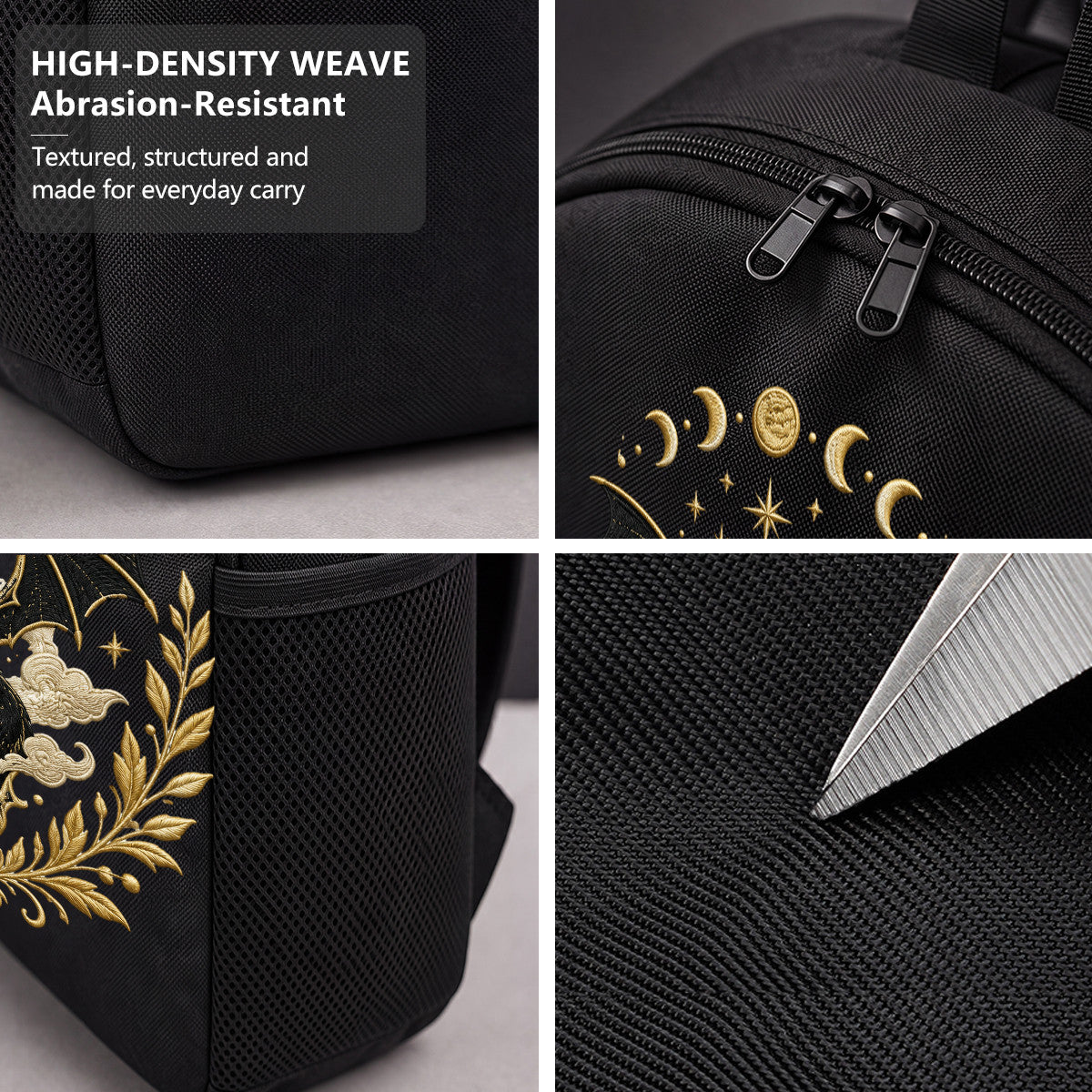 Black Wolf Moon Embroidered Backpack, Gothic Style, High-Density Weave Material, Campus & Commute Ready