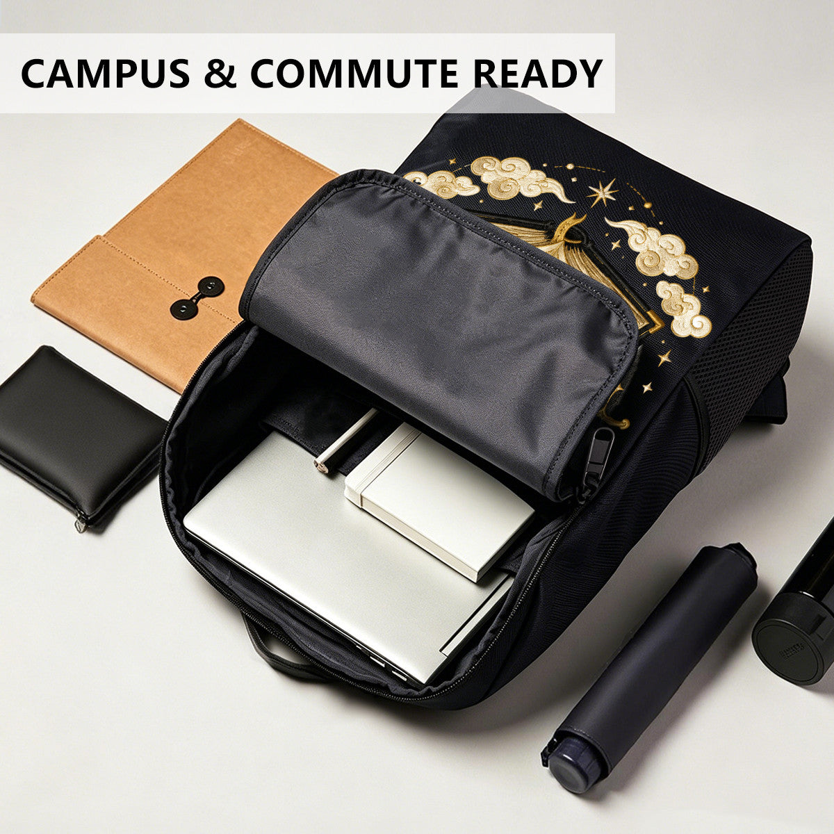 Black Backpack with Golden Magic Book & Sword Design, Durable High-Density Weave, Perfect for Campus & Commute