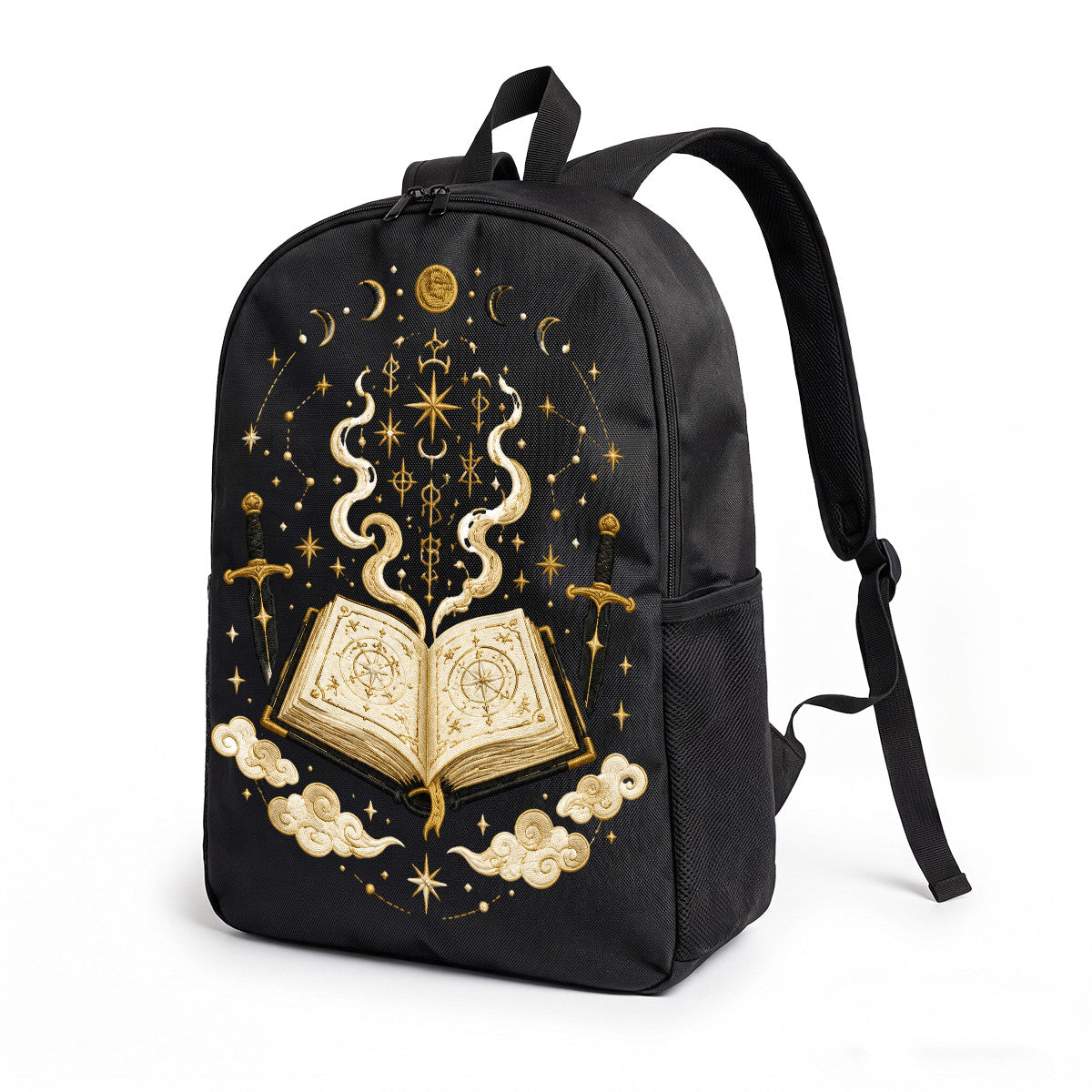 Black Backpack with Golden Magic Book & Sword Design, Durable High-Density Weave, Perfect for Campus & Commute