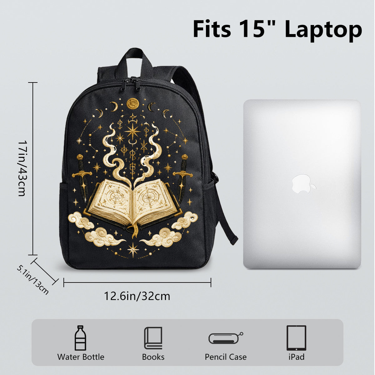 Black Backpack with Golden Magic Book & Sword Design, Durable High-Density Weave, Perfect for Campus & Commute