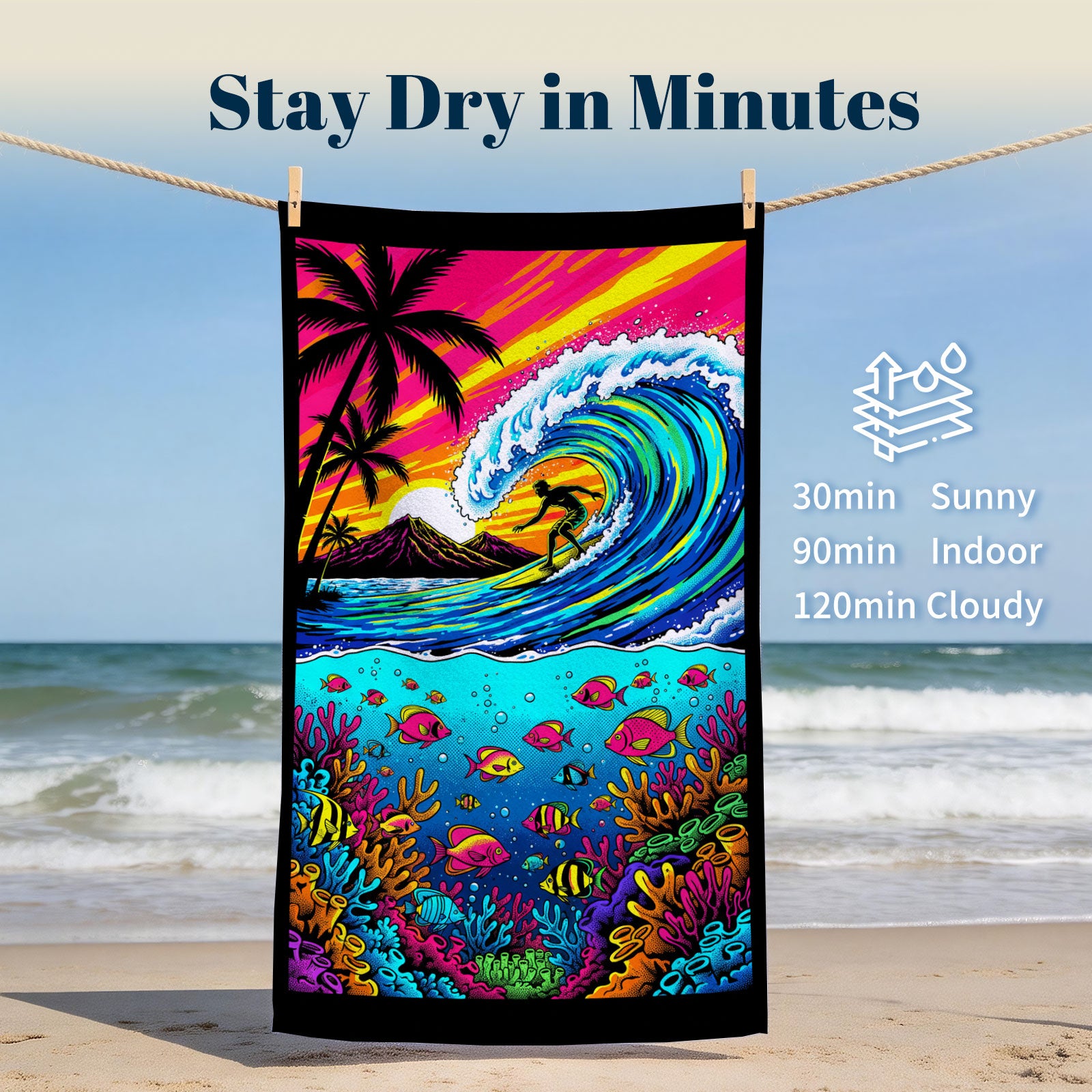 Tropical Pop Art Scenery Beach Towel Quick Dry Microfiber Summer Vacation Gift