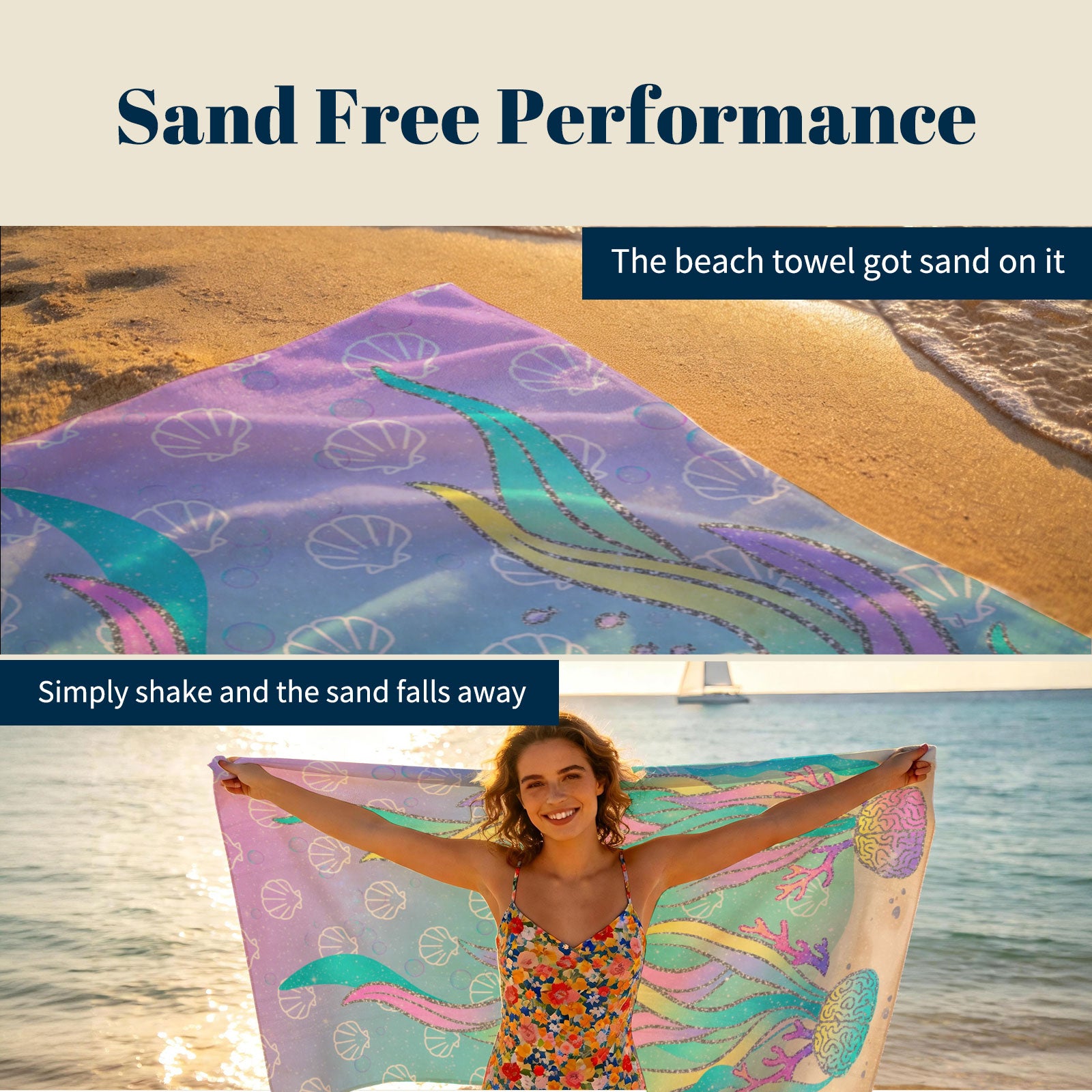 Glitter Mermaid Ocean Beach Towel Quick Dry Microfiber Summer Vacation Gift