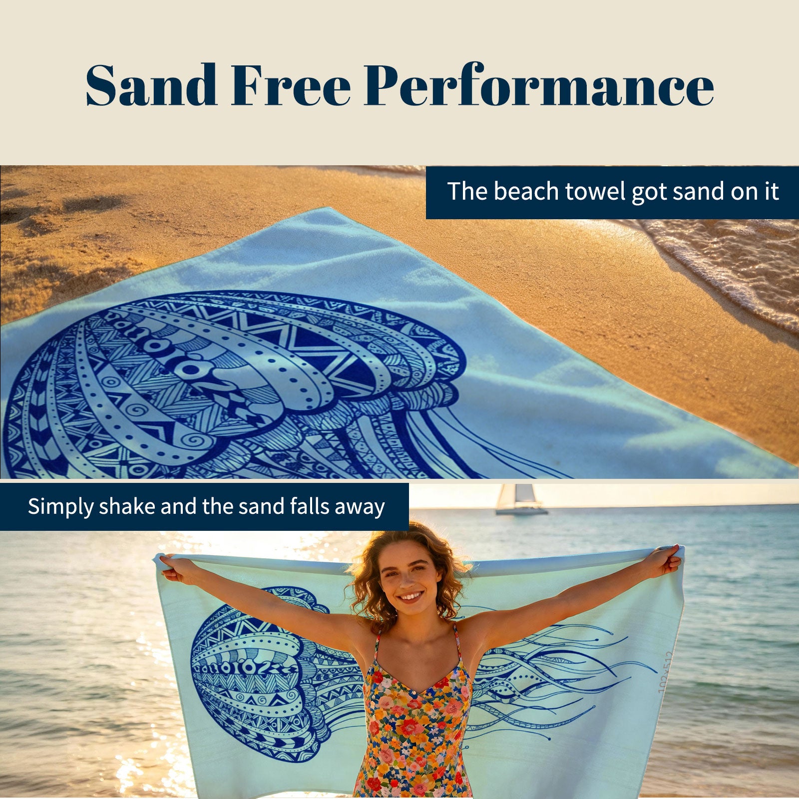 Tribal Geometric Beach Towel Blue Marine Life Quick Dry Microfiber Summer Gift