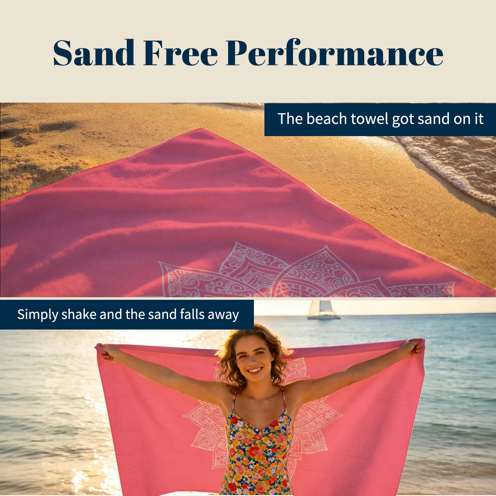 Pink Mandala Beach Towel White Line Art Quick Dry Summer Vacation Gift