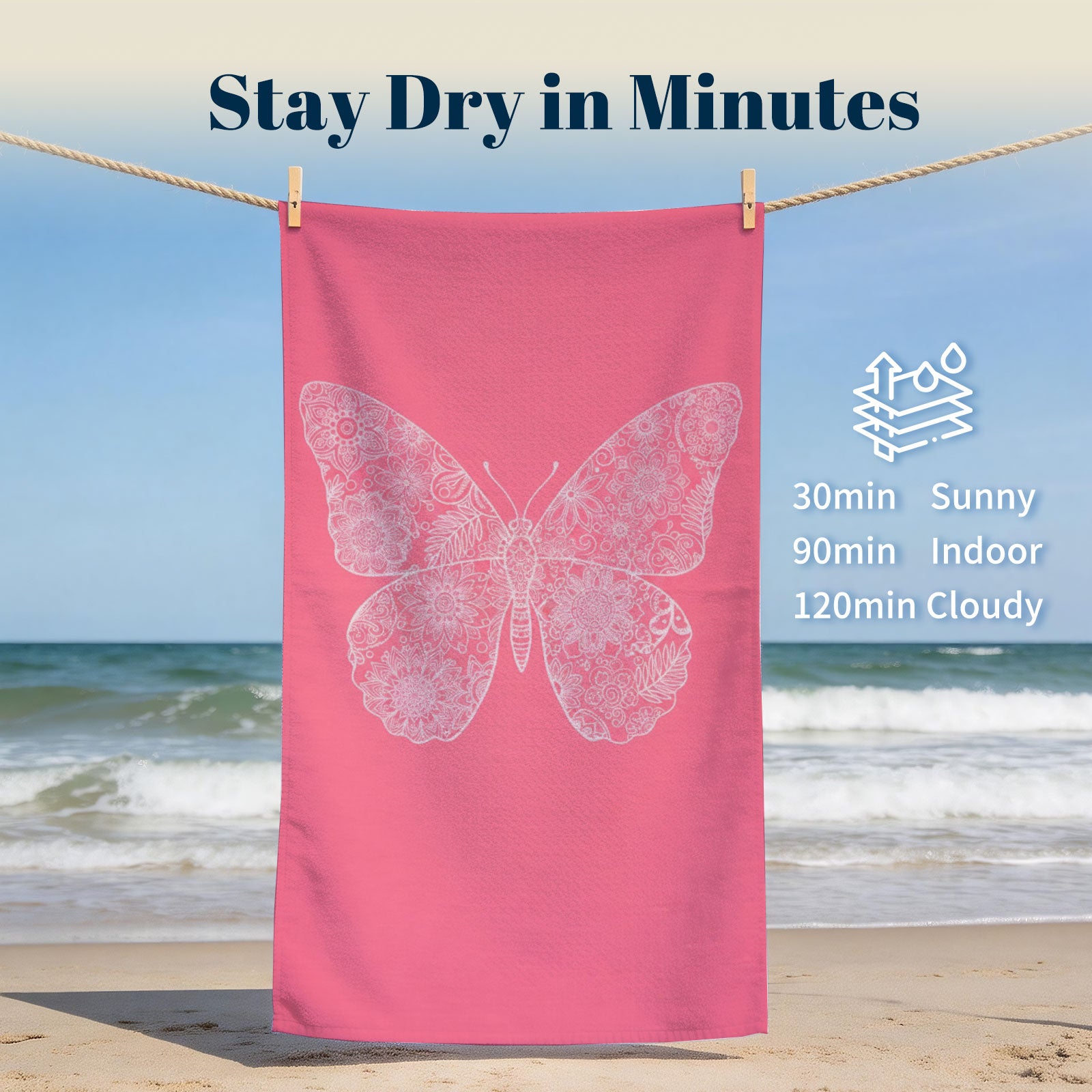 Pink Mandala Beach Towel White Line Art Quick Dry Summer Vacation Gift