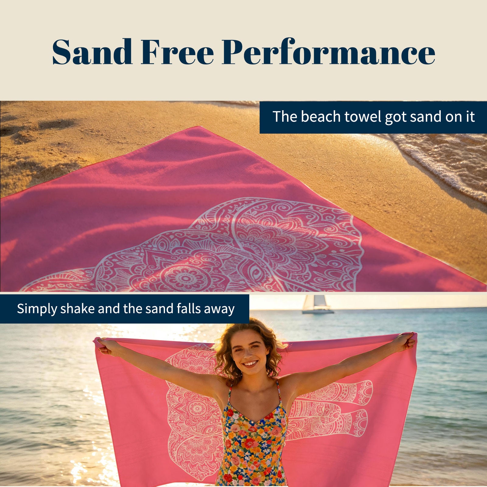 Pink Mandala Beach Towel White Line Art Quick Dry Summer Vacation Gift