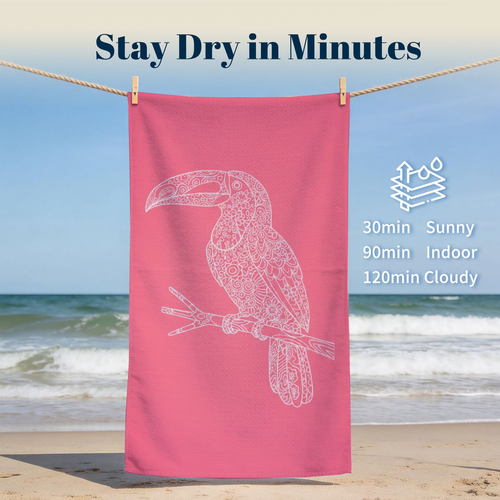Pink Mandala Beach Towel White Line Art Quick Dry Summer Vacation Gift