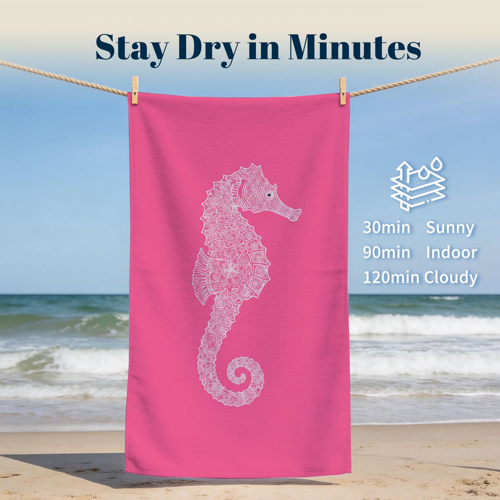 Pink Mandala Beach Towel White Line Art Quick Dry Summer Vacation Gift