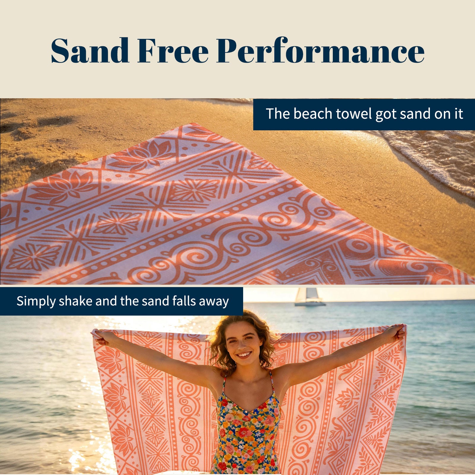 Coral Boho Mandala Beach Towel Peach Line Art Quick Dry Summer Gift