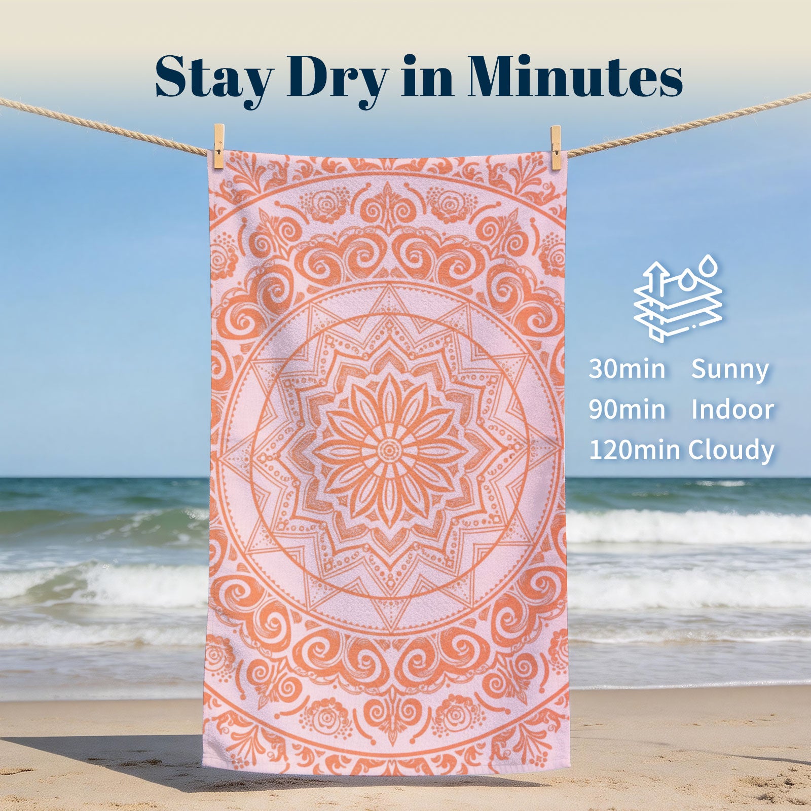 Coral Boho Mandala Beach Towel Peach Line Art Quick Dry Summer Gift
