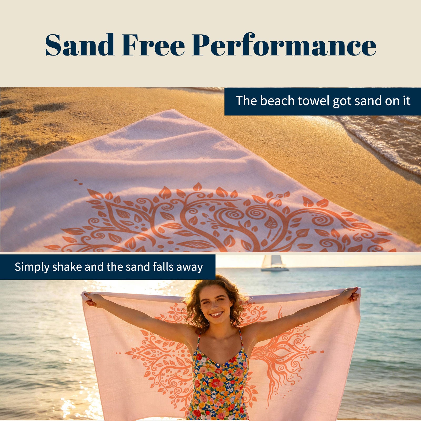 Coral Boho Mandala Beach Towel Peach Line Art Quick Dry Summer Gift