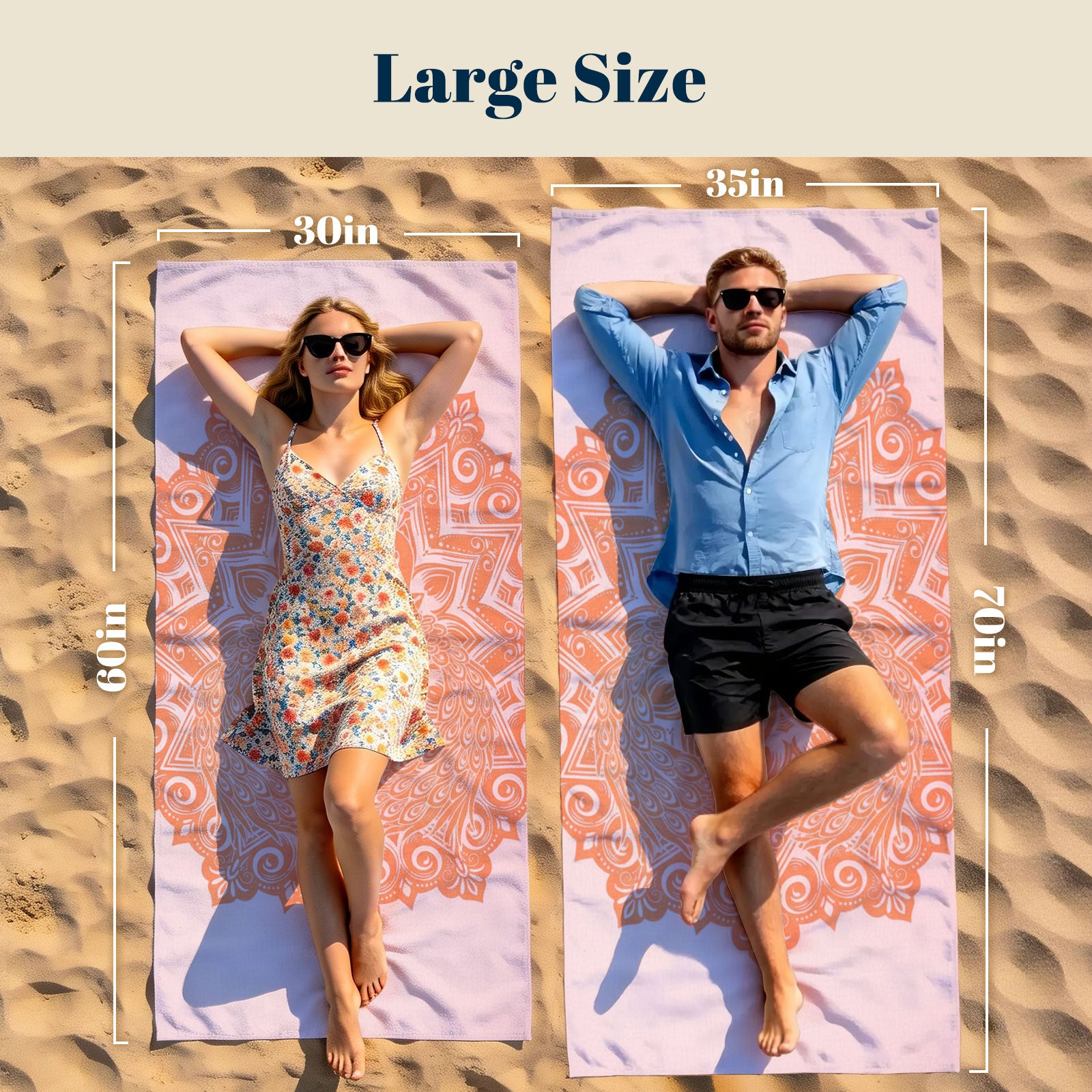 Coral Boho Mandala Beach Towel Peach Line Art Quick Dry Summer Gift
