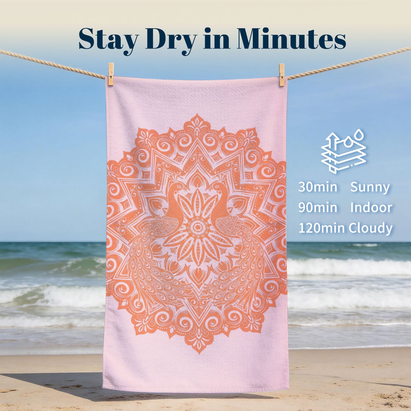 Coral Boho Mandala Beach Towel Peach Line Art Quick Dry Summer Gift