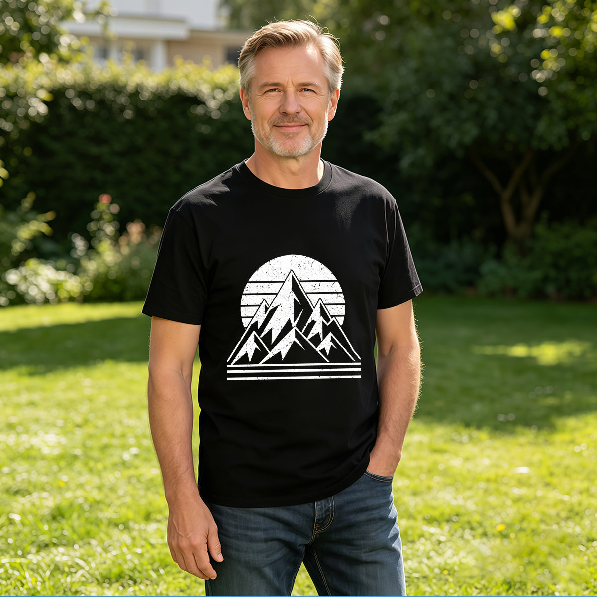 Men's Cotton Retro Mountain Sun Graphic T-Shirt Casual Outdoor Adventure Short Sleeve Tee