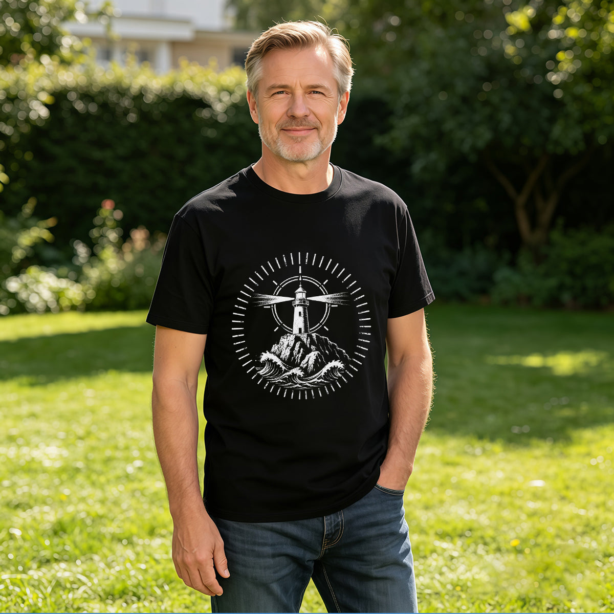 Men's Cotton Vintage Lighthouse Graphic Short Sleeve T-Shirt for Coastal Casual Wear
