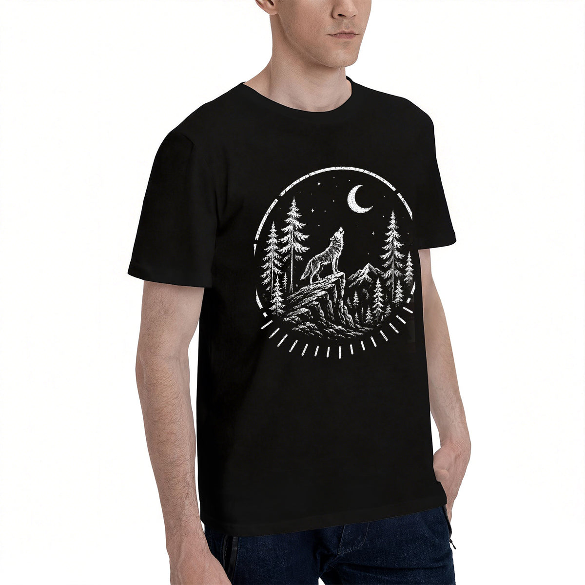 Men's Premium Cotton Howling Wolf Moon Forest Graphic Tee Casual Short Sleeve T-Shirt