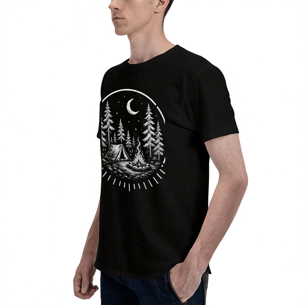 Men's Premium Cotton Howling Wolf Moon Forest Graphic Tee Casual Short Sleeve T-Shirt